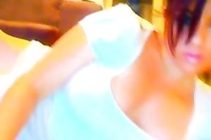 Sensual brunette hair slutwife fingers her pussy in front of a livecam