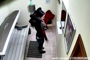 Wondrous brunette hair lassie tans her body in elite spa salon