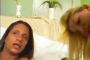 Two provocative ladies with great shapes ride one hard shlong in three-some