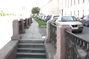 Lena pees her panties and changes her raiment on the stairway