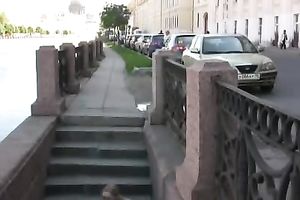 Lena pees her panties and changes her raiment on the stairway