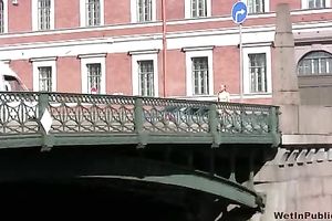 Lena pees her panties and changes her raiment on the stairway