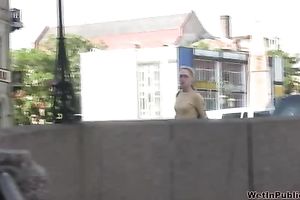 Lena pees her panties and changes her raiment on the stairway