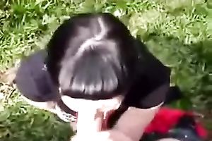 Outdoor POV with a brunette hair hussy engulfing my knob in a park