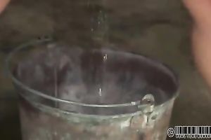 Bounded chubby girl pees and acquires an steel thing in her vagina