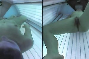 My playful girlfriend enjoys masturbating in solarium