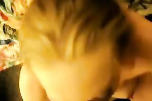 My nice-looking golden-haired playgirl strokes my BBC with her throat and boobs