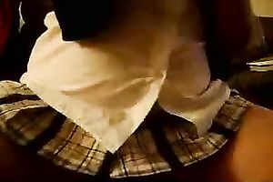 Chubby brunette hair teen uses the handle of a brush to satisfy herself