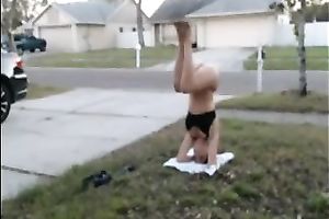 Lusty brunette hair sweetie does yoga exercises with no pants on