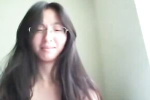 Four eyed Asian girlfriend masturbates in front of the livecam