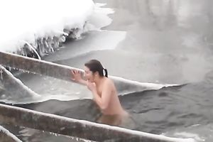 Hidden camera vid with 2 babes bathing in a pond in winter