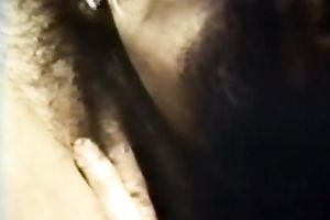 Duet of kinky dark brown lesbo take up with the tongue every other's messy hairy twats