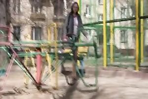 Brunette non-professional sweetie Olga makes her dark panties soaked