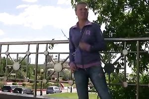 Irina changes her raiment behind the corner after peeing her panties