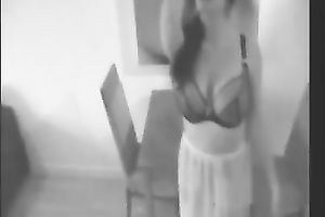 Big-breasted brunette hair strokes her outstanding body in homemade solo video