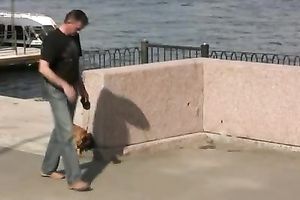 Sensual golden-haired Olga pees her panties on the embankment