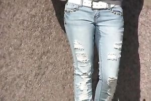 Sensual golden-haired Olga pees her panties on the embankment