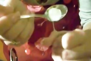 Blonde legal age teenager sweetie eats cum of her boyfriend with a spoon