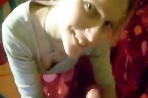 Blonde legal age teenager sweetie eats cum of her boyfriend with a spoon