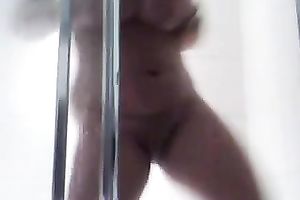 My voluptuous white bitch with huge milk cans puts on a great shower show