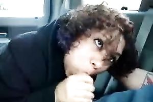 Curly-haired dark brown neighbor enjoys sucking my schlong in a car