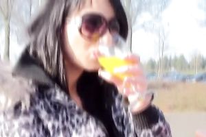 Sexy brunette hair harlot receives her hairless muff gangbanged in a car