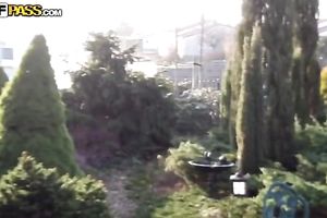 Sexy brunette hair harlot receives her hairless muff gangbanged in a car