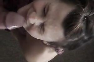 Playful white bitch is engulfing my large dong greedily until I cum on her face