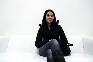 Adorable brunette hair sweety enjoys massive schlong in her trench