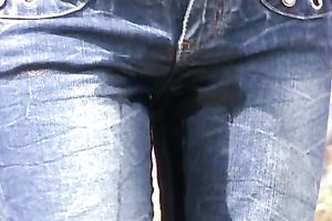 Petite brunette hair Russian hottie in public piddles in her jeans