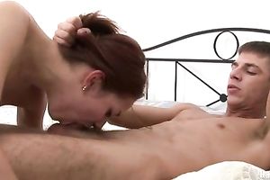 Arousing whore with brown hair receives face screwed by a brutal chap