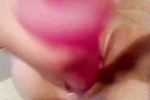 Skinny sexy brunette hair wench shoved her pussy with a pink sex tool