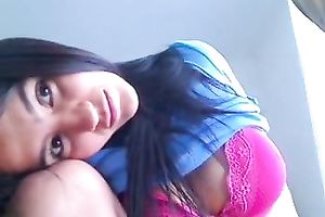 My long-haired ex GF shows her large melons and bald fur pie for the livecam