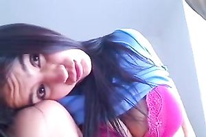 My long-haired ex GF shows her large melons and bald fur pie for the livecam