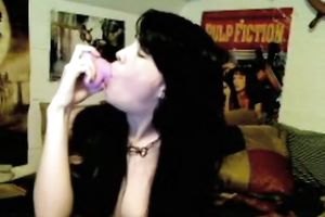 Awesome long-haired black cock sluts toys her cookie and sucks a sex tool