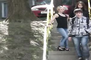 Skinny Russian blondie in constricted jeans confused and lascivious