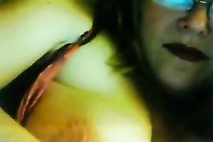 Lewd fair-haired milf licks her big jugs in front of a livecam