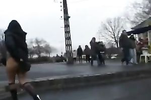 My dark-haired excited wife flahes her goodies in public