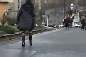 My dark-haired excited wife flahes her goodies in public