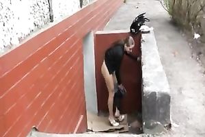 Outdoor piddle fetish scene with long-haired horny white wife OLga