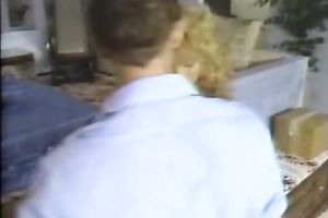 Retro golden-haired whore widens her white stocking legs wide