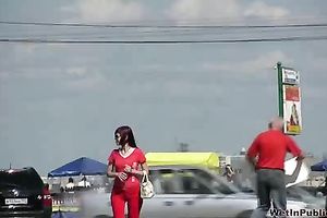 Brunette Russian hottie in red panties acquires soaked and walks in public