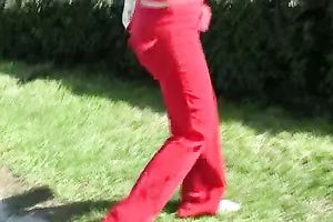 Brunette Russian hottie in red panties acquires soaked and walks in public