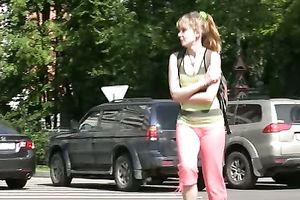 Slim dirty slut wife pees in her legging during the time that walking in the street