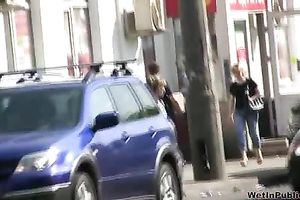 Slim dirty slut wife pees in her legging during the time that walking in the street