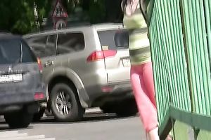 Slim dirty slut wife pees in her legging during the time that walking in the street