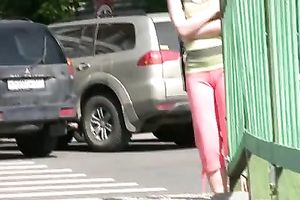 Slim dirty slut wife pees in her legging during the time that walking in the street
