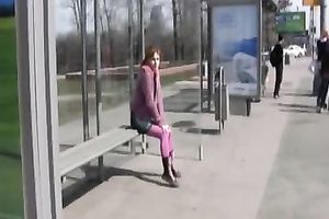 Amateur Russian college girl in purple leggings pees in public