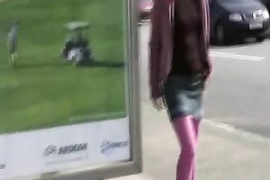 Amateur Russian college girl in purple leggings pees in public