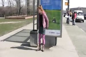 Amateur Russian college girl in purple leggings pees in public